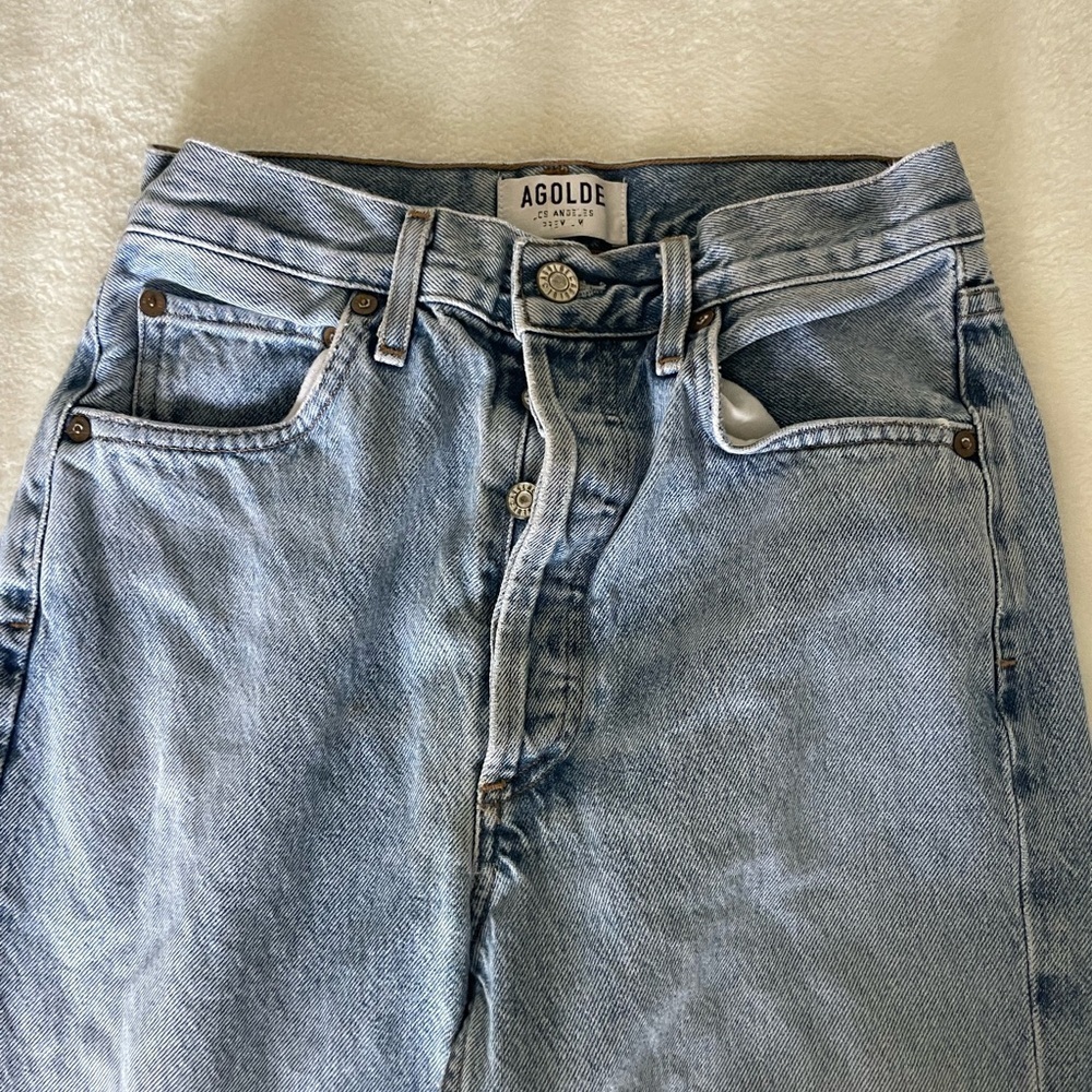 Agolde Riley Light Blue Straight Leg Raw Hem Jeans - Picture 6 of 13
